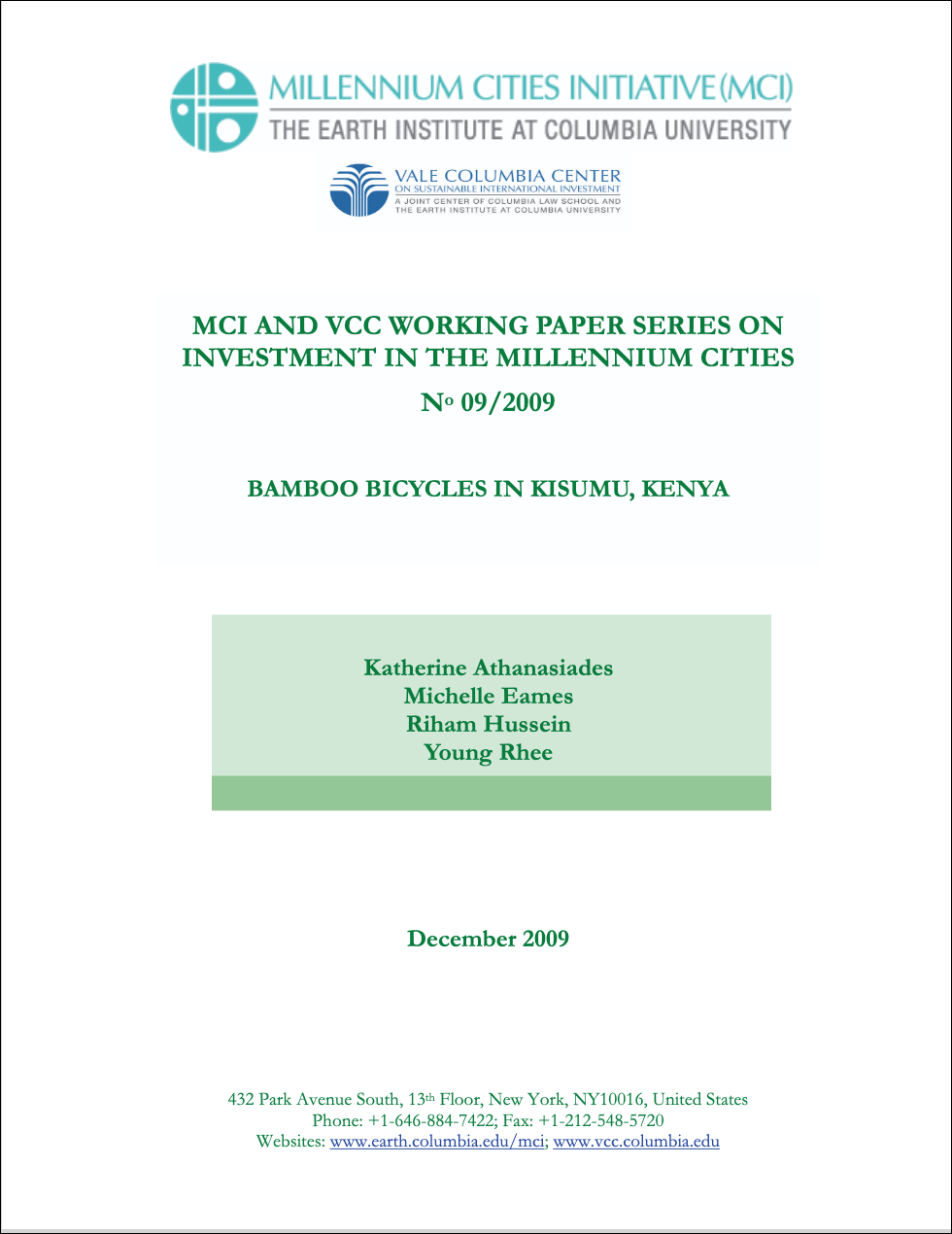 MCI-VCC-Millenium-Cities-Cover MCI and VCC Working Paper Series on Investment in the Millennium Cities